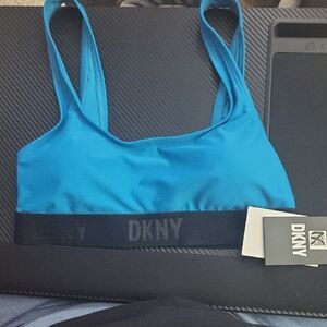 NWT DKNY Bright Blue Bikini Top with Black band Size Small (removable paddding)